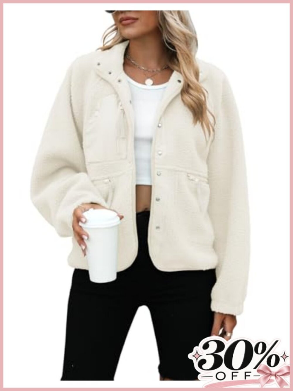 Womens Sherpa Fleece Button Down Jacket Fuzzy Cropped Oversized Coat